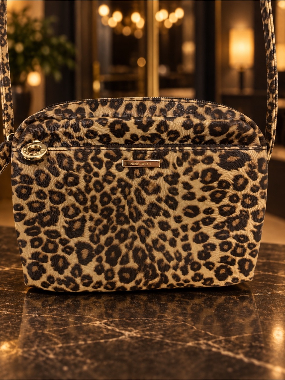 Vintage Nine West Leopard Print Crossbody Bag - Tan & Black with Gold Accent